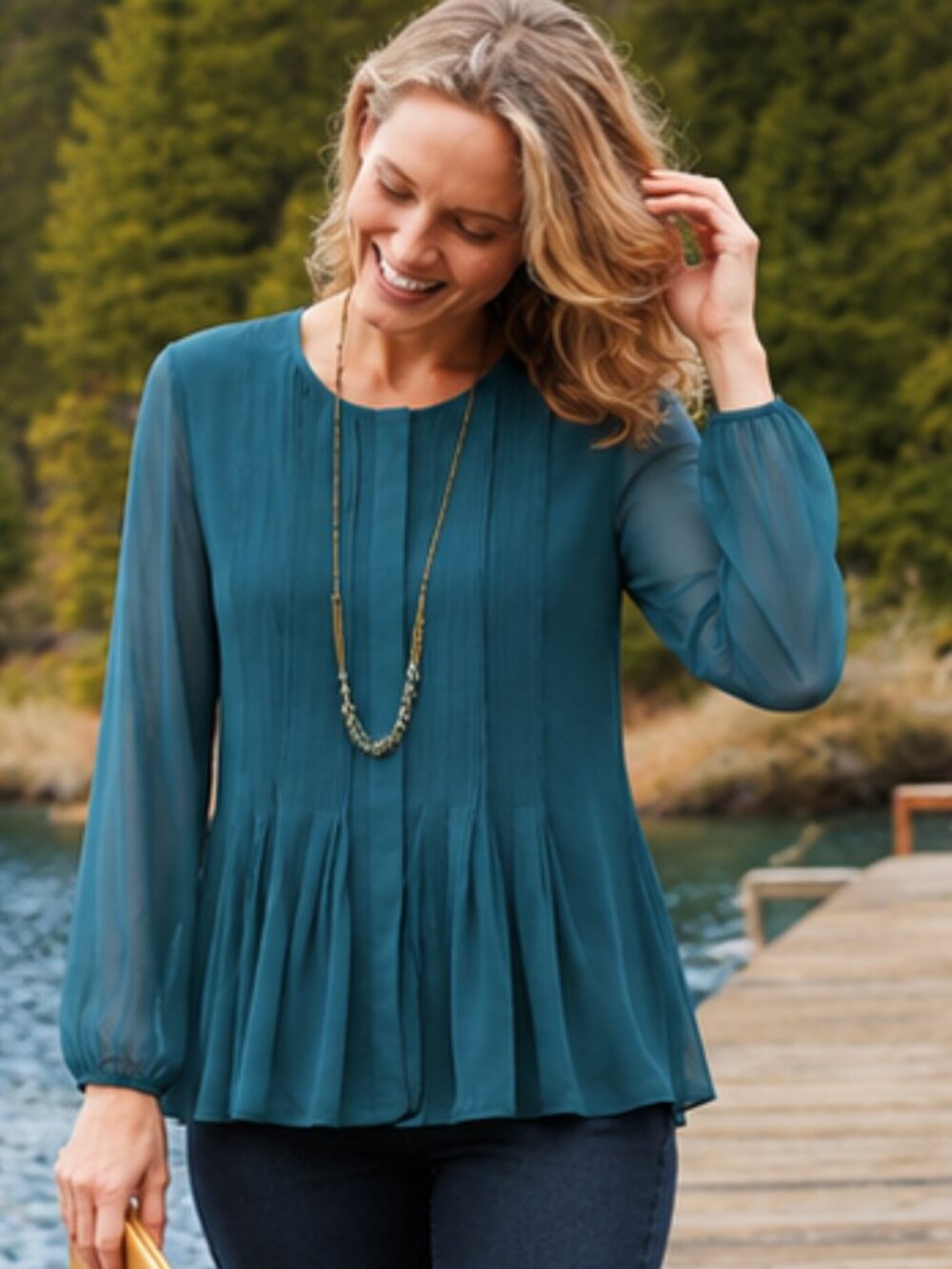 Coldwater Creek Teal Pleated Chiffon Top
